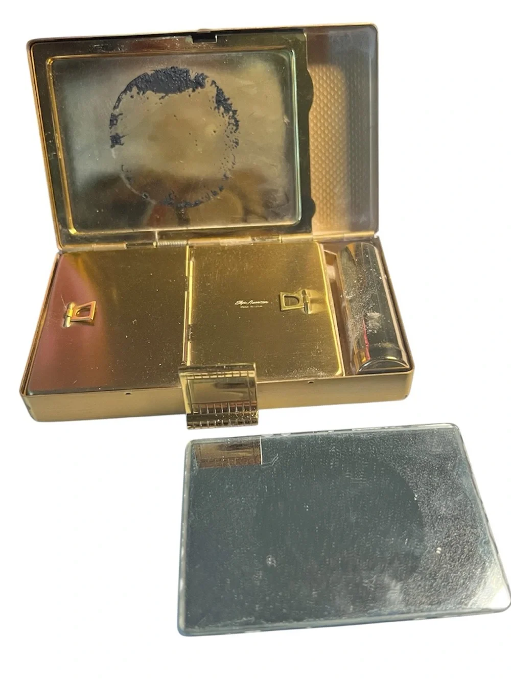 Vintage 1950s Elgin American Carryall gold brass tone minaudière compact case